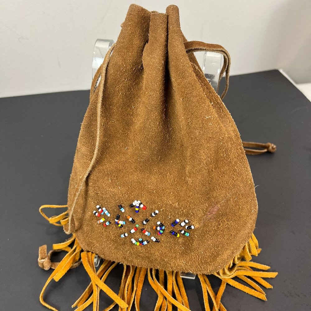 Vintage Tan Suede leather Drawstring bag with beads
